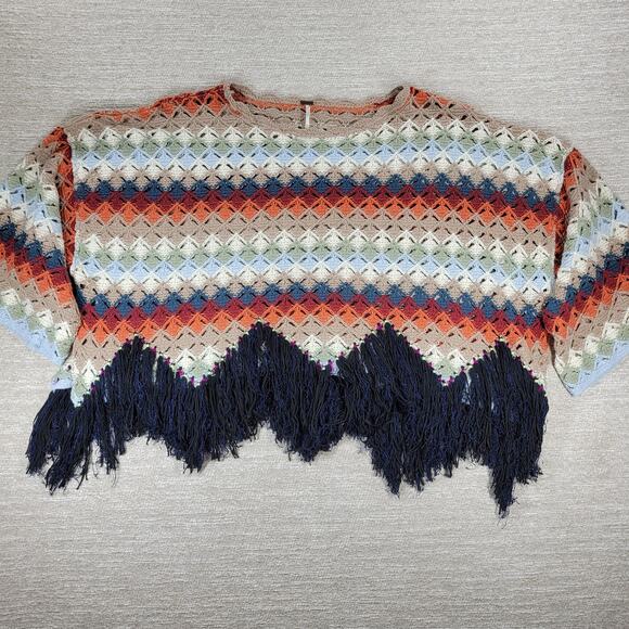 Free People Sweaters - Free People XS Crochet Fringe Sweater Multicolor Boho Chevron Knit Oversized